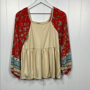 Haptics x Holly Harper Womens Top S-M Beige Orange Floral Balloon Sleeves NWOT